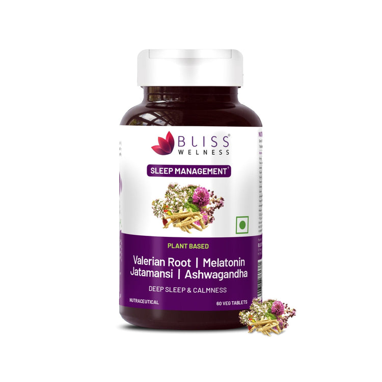Bliss Welness CalmBliss Sleep Management Combo Of Jatamansi, Ashwagandha, Valerian Root & Melatonin For Good Sleeping Cycle - 60 Veg Tablets - Bliss Welness