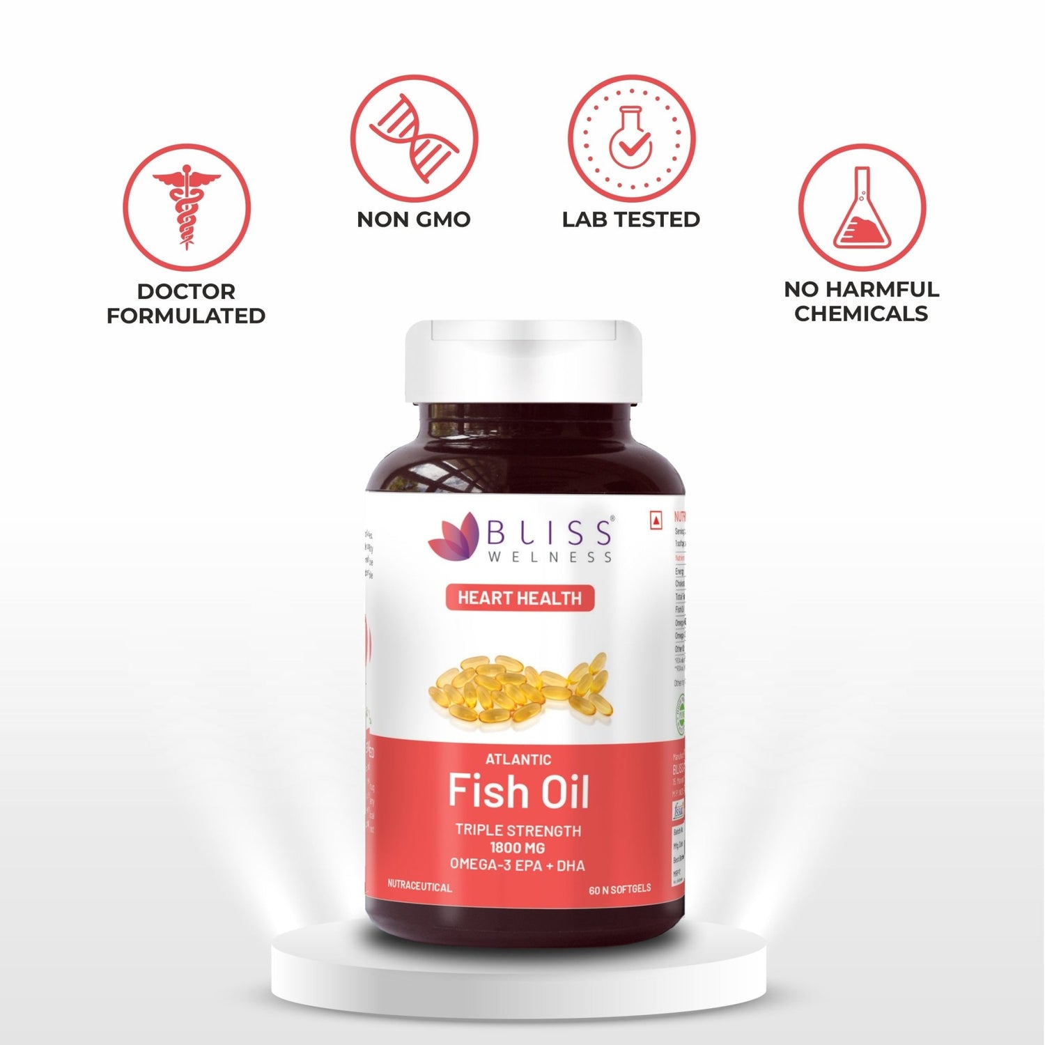 Bliss Welness CardioBliss Absolute Fish Oil Triple 3X Strength 2500mg | 1100mg EPA 700mg DHA 200mg Other Omega 3 6 9 Fatty Acid | Cold Pressed Molecular Distilled Burp Free | Brain Heart Joints Eye Muscle Build Skin Health Supplement - 60 Softgel Caps - Bliss Welness