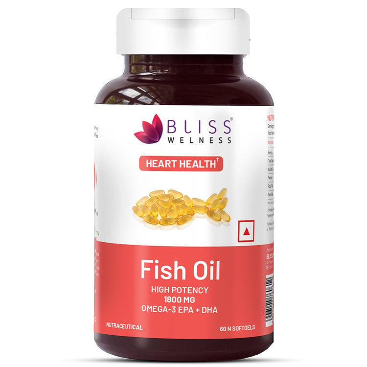 Bliss Welness CardioBliss Absolute Fish Oil Triple 3X Strength 2500mg | 1100mg EPA 700mg DHA 200mg Other Omega 3 6 9 Fatty Acid | Cold Pressed Molecular Distilled Burp Free | Brain Heart Joints Eye Muscle Build Skin Health Supplement - 60 Softgel Caps - Bliss Welness