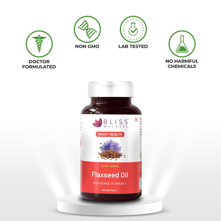 Bliss Welness CardioBliss Natural Organic Flaxseed Oil 2000MG Omega 3 6 9 Cold Pressed Heart Brain Eye Skin Health Supplement - 60 Softgel Capsule - Bliss Welness