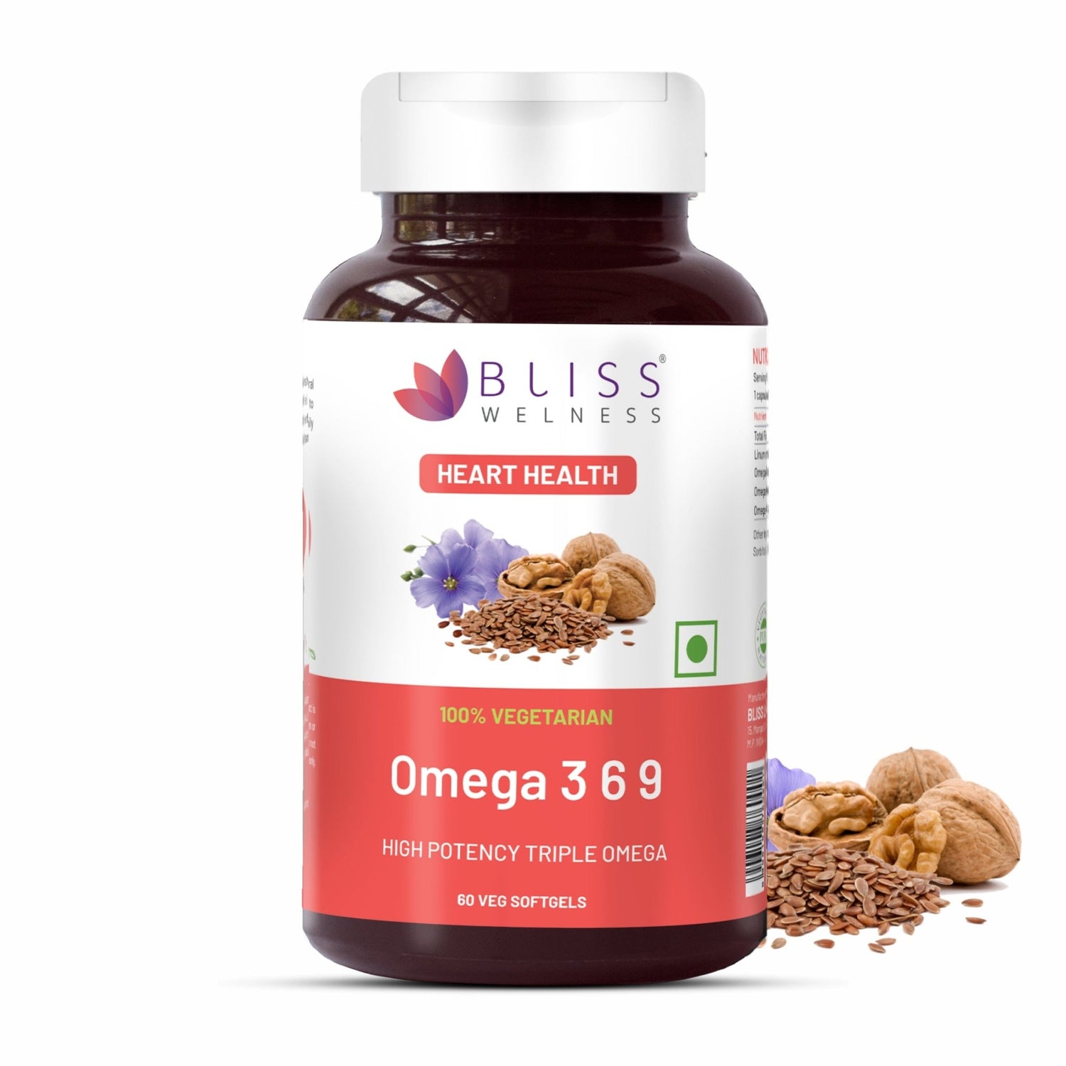 Bliss Welness CardioBliss Pure Omega 3 6 9 Heart & Brain Health | Triple Omega 3 6 9 ALA (Omega 3) 500MG LA (Omega 6) 137MG OA (Omega 9) 200MG - 60 Vegetarian Capsules - Bliss Welness