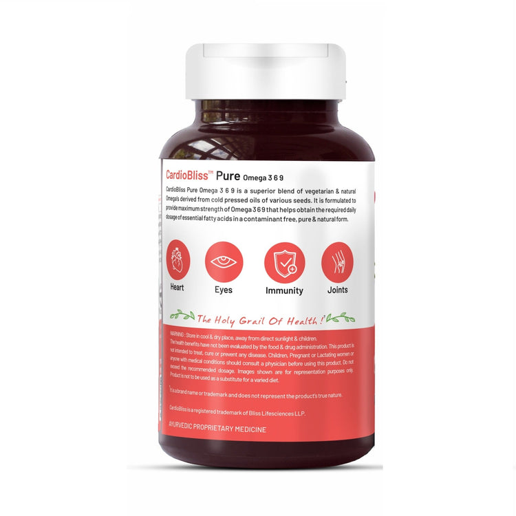 Bliss Welness CardioBliss Pure Omega 3 6 9 Heart & Brain Health | Triple Omega 3 6 9 ALA (Omega 3) 500MG LA (Omega 6) 137MG OA (Omega 9) 200MG - 60 Vegetarian Capsules - Bliss Welness