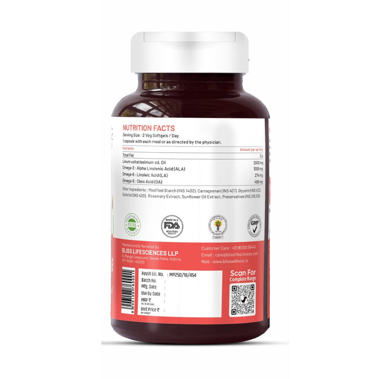 Bliss Welness CardioBliss Pure Omega 3 6 9 Heart & Brain Health | Triple Omega 3 6 9 ALA (Omega 3) 500MG LA (Omega 6) 137MG OA (Omega 9) 200MG - 60 Vegetarian Capsules - Bliss Welness