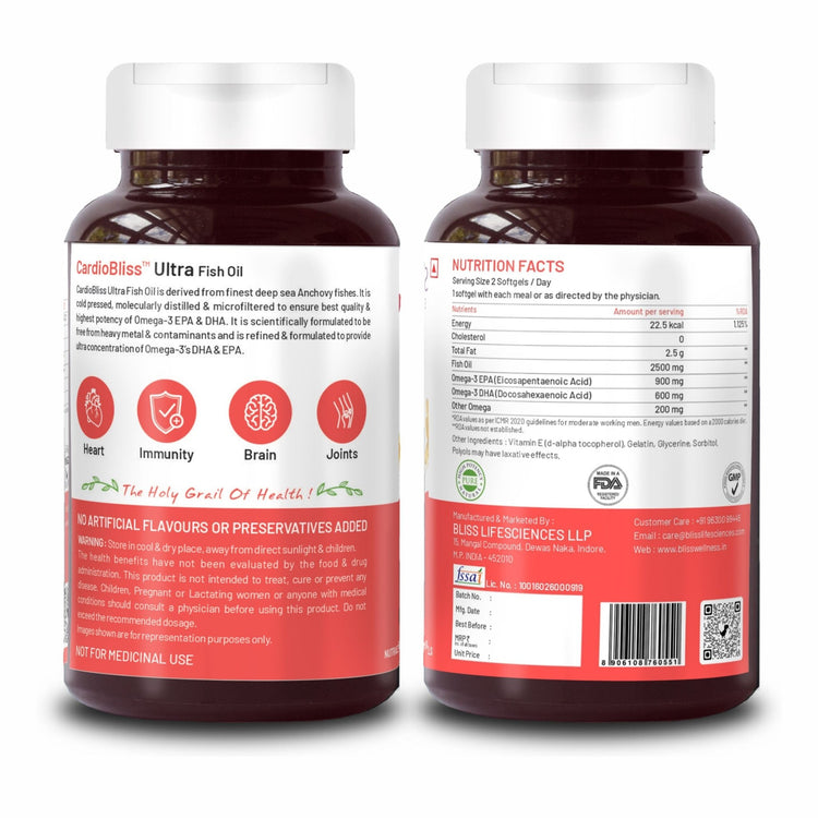 Bliss Welness CardioBliss Ultra Fish Oil Strength 2500 Mg | 900mg EPA 600mg DHA 200mg other Omega 3 6 9 Fatty Acid | Cold Pressed Molecular Distilled for Men Women | Heart Eye Brain Joint Health Muscle Build Health Supplement - 60 Softgel Capsules - Bliss Welness