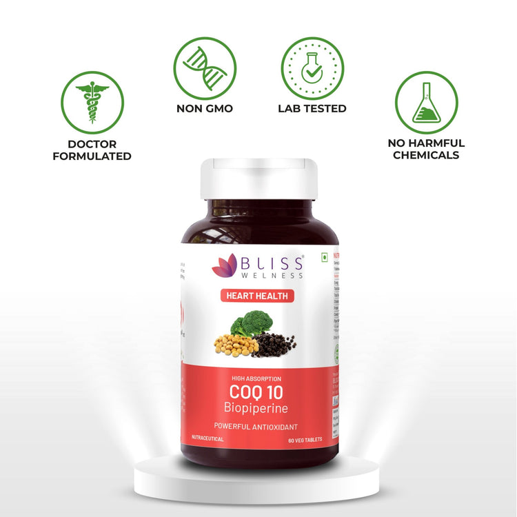 Bliss Welness CardioBliss Vital Heart Health Healthy Ageing | Coenzyme Q10 (CoQ10) 100mg with High Absorption BioPiperine 5mg | Glowing Skin Sugar Immunity Management Supplement - 60 Vegetarian Tablets - Bliss Welness