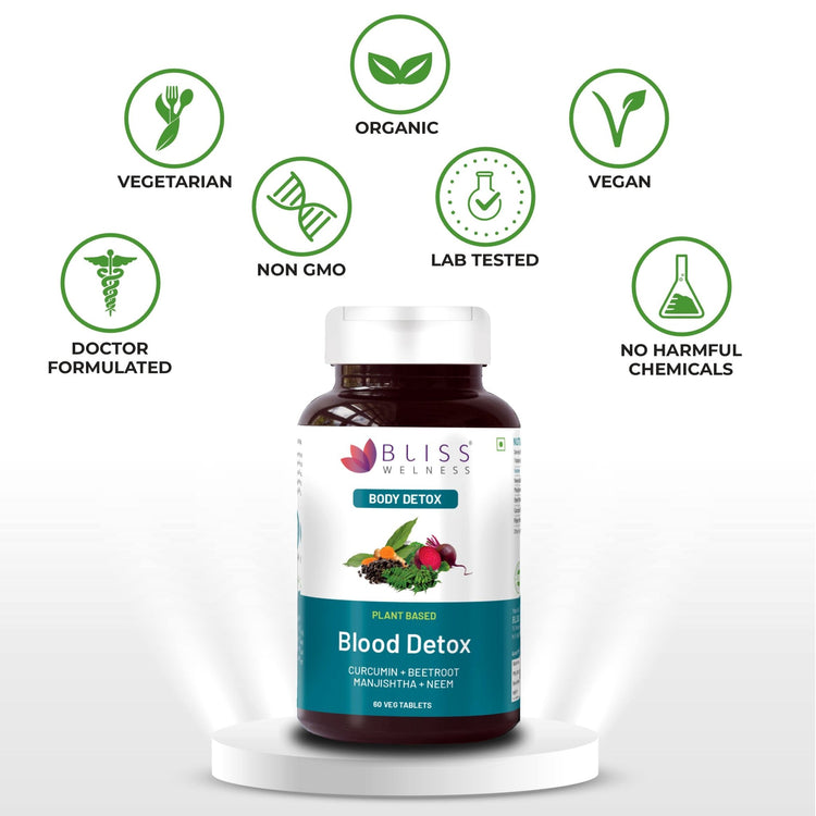 Bliss Welness DetoxBliss Blood Detox & Purify Combo of Beetroot Manjishtha Neem & Curcumin Anti Acne & Anti Bacterial & Fungal Supplement - 60 Vegetarian Tablets - Bliss Welness