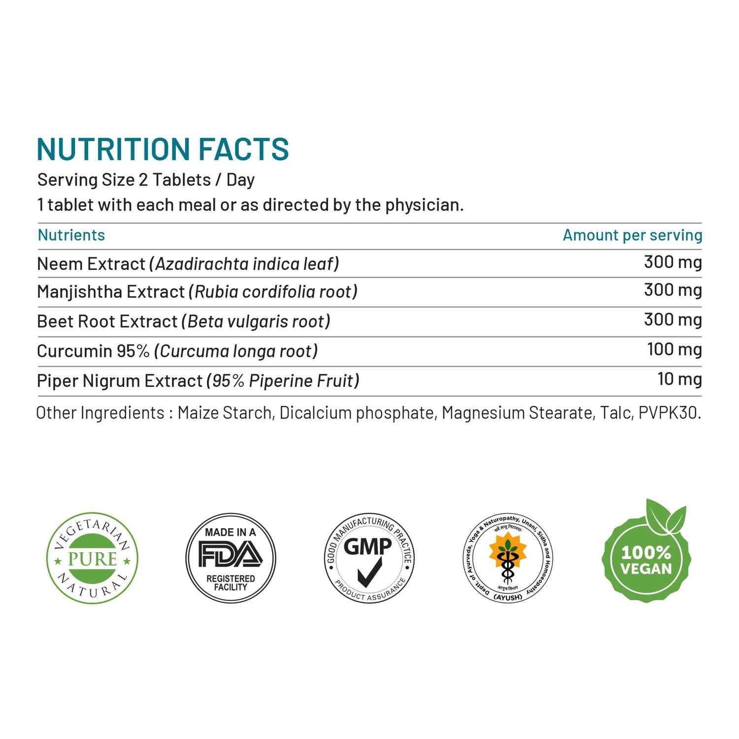 Bliss Welness DetoxBliss Blood Detox & Purify Combo of Beetroot Manjishtha Neem & Curcumin Anti Acne & Anti Bacterial & Fungal Supplement - 60 Vegetarian Tablets - Bliss Welness