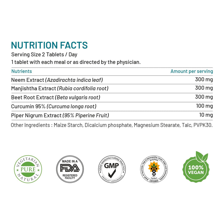 Bliss Welness DetoxBliss Blood Detox & Purify Combo of Beetroot Manjishtha Neem & Curcumin Anti Acne & Anti Bacterial & Fungal Supplement - 60 Vegetarian Tablets - Bliss Welness