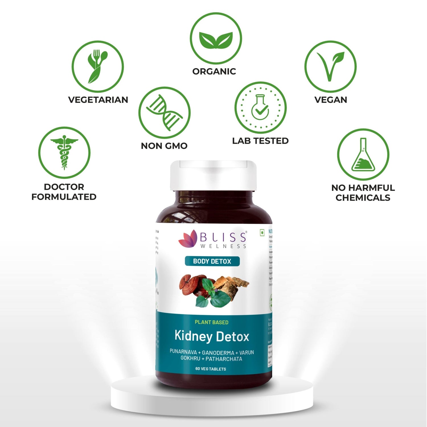 Bliss Welness DetoxBliss Kidney Detox Cleanse Purifier | Gokhru Patharchata Ganoderma | Urinary Tract Infection (UTI) Kidney Stone Dissolution Herbal Supplement - 60 Vegetarian Tablets - Bliss Welness