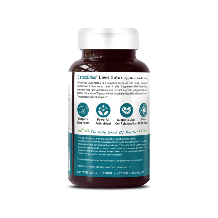 Bliss Welness DetoxBliss Liver Detox Cleanse Purifier | Milk Thistle Silymarin Dandelion Glutathione | Fatty Liver Protection Liver Care Alcohol Detox Herbal Supplement - 60 Veg Tablets - Bliss Welness