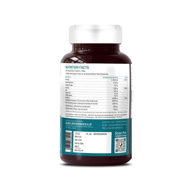 Bliss Welness DetoxBliss Liver Detox Cleanse Purifier | Milk Thistle Silymarin Dandelion Glutathione | Fatty Liver Protection Liver Care Alcohol Detox Herbal Supplement - 60 Veg Tablets - Bliss Welness