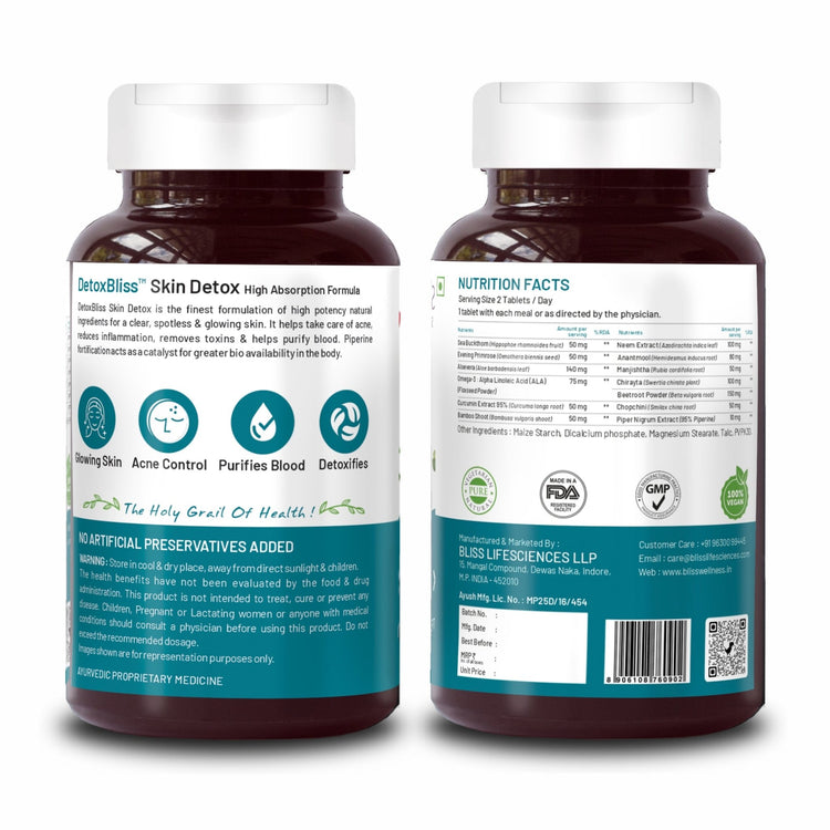 Bliss Welness DetoxBliss Skin Detox Radiance Glow | Sea Buckthorn Evening Primrose Aloe Vera Curcumin | Anti Acne Pimple Control Blood Purification Toxins Removal Herbal Supplement - 60 Veg Tablets - Bliss Welness