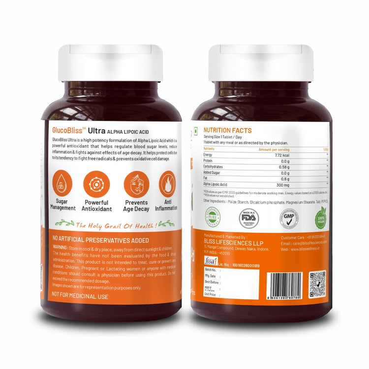 Bliss Welness GlucoBliss Ultra Liver Care Antioxidant | Alpha Lipoic Acid (ALA)| Energy Booster Healthy Sugar Management Supplement - Bliss Welness