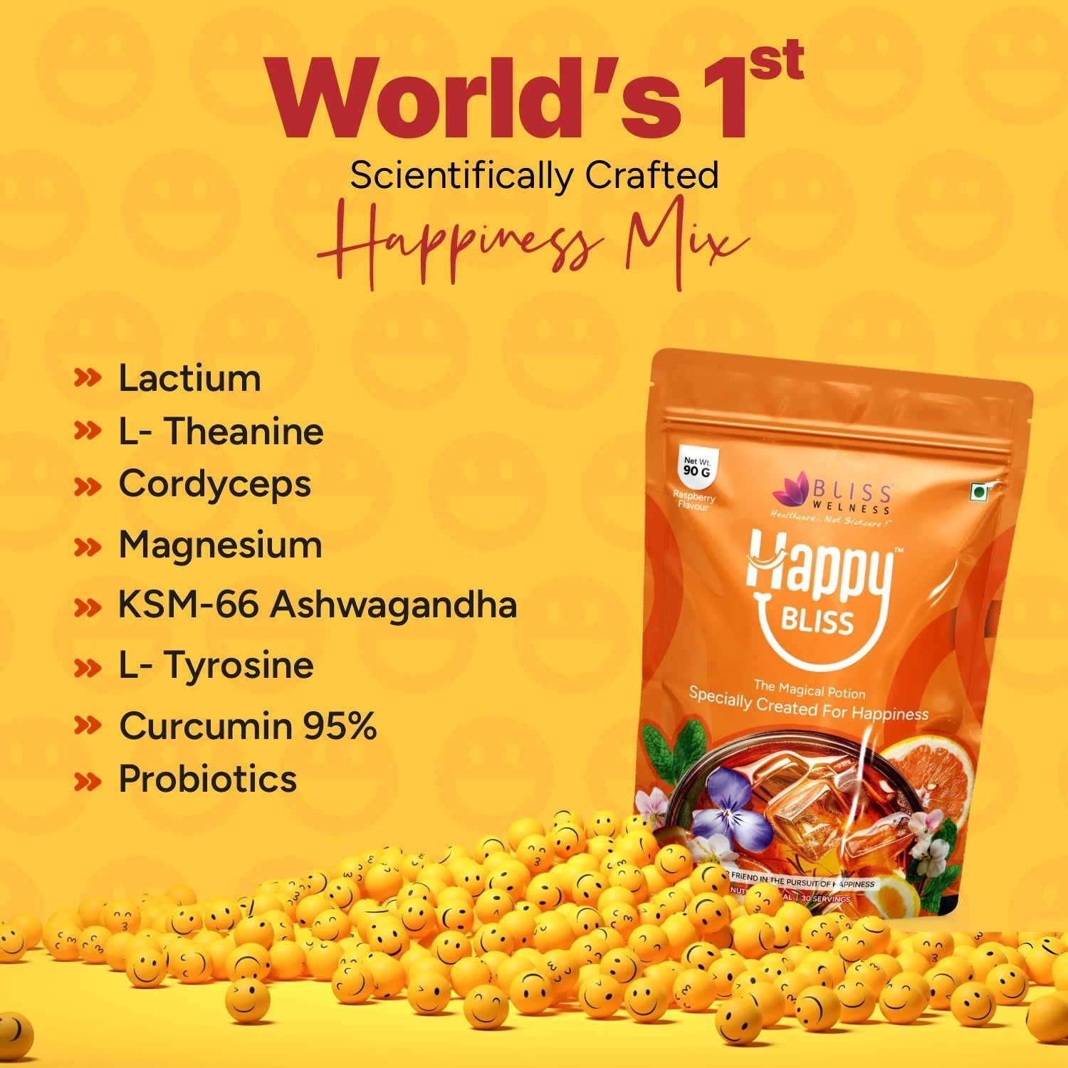 Bliss Welness Happy Bliss : Happiness, Anxiety & Stress Relief Supplement | Supports Calmness, Mood and Happy Hormones | Supports Balance of Cortisol, Dopamine, Endorphins, Serotonin & Oxytocin |Memory, Love & Cognition Support : 30 Servings - Bliss Welness
