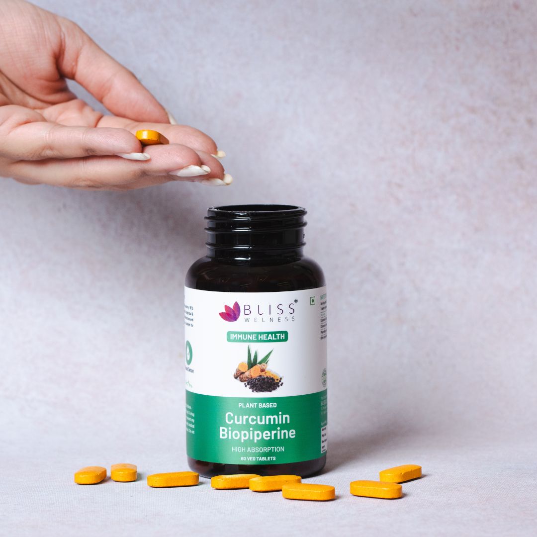 Bliss Welness ImmuneBliss Gold Immunity Boost Anti Inflammatory | Pure Curcumin 95% Extract + Turmeric Extract with BioPiperine 10mg | Heart Brain Joint Health Antioxidant High Absorption Supplement - 60 Vegetarian Tablets - Bliss Welness