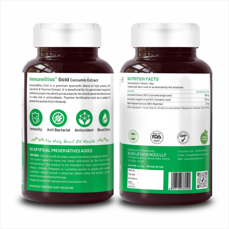 Bliss Welness ImmuneBliss Gold Immunity Boost Anti Inflammatory | Pure Curcumin 95% Extract + Turmeric Extract with BioPiperine 10mg | Heart Brain Joint Health Antioxidant High Absorption Supplement - 60 Vegetarian Tablets - Bliss Welness
