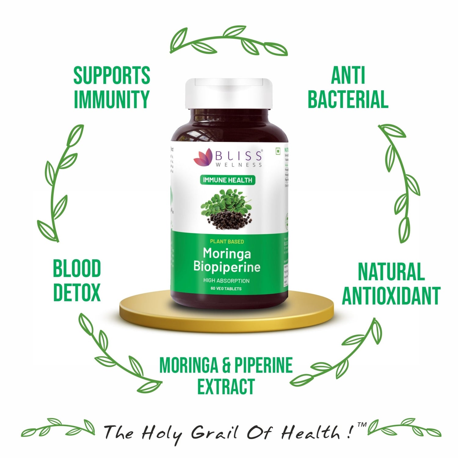 Bliss Welness ImmuneBliss Moringa Superfood Immunity Booster | Pure Moringa Fruit & Leaves Extract + Biopiperine | Antioxidant Blood Sugar Cholesterol Management Supplement - 60 Vegetarian Tablets - Bliss Welness
