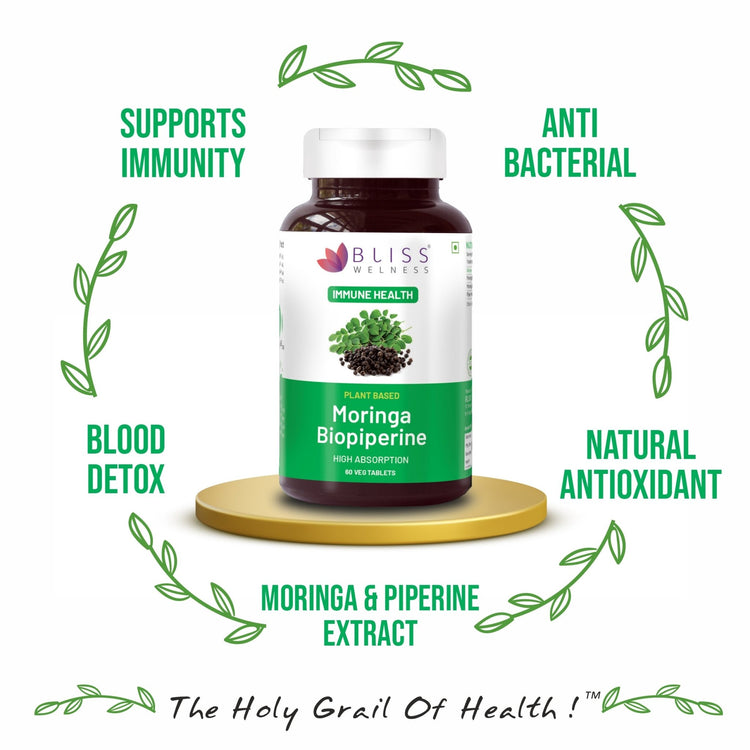 Bliss Welness ImmuneBliss Moringa Superfood Immunity Booster | Pure Moringa Fruit & Leaves Extract + Biopiperine | Antioxidant Blood Sugar Cholesterol Management Supplement - 60 Vegetarian Tablets - Bliss Welness