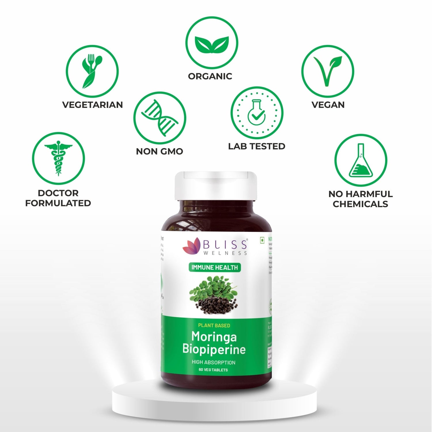 Bliss Welness ImmuneBliss Moringa Superfood Immunity Booster | Pure Moringa Fruit & Leaves Extract + Biopiperine | Antioxidant Blood Sugar Cholesterol Management Supplement - 60 Vegetarian Tablets - Bliss Welness