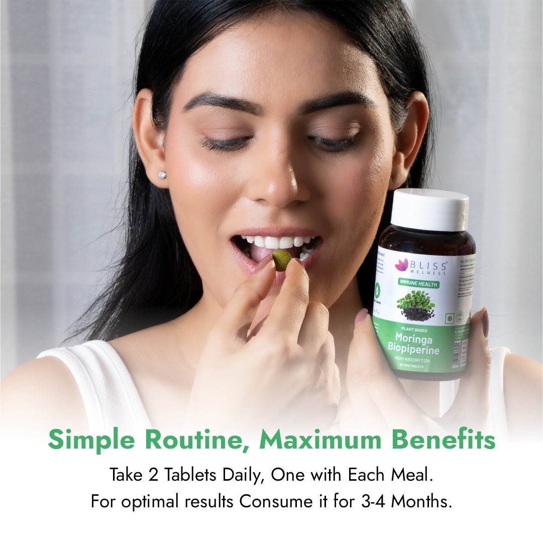 Bliss Welness ImmuneBliss Moringa Superfood Immunity Booster | Pure Moringa Fruit & Leaves Extract + Biopiperine | Antioxidant Blood Sugar Cholesterol Management Supplement - 60 Vegetarian Tablets - Bliss Welness