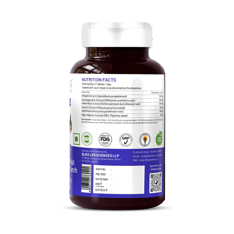 Bliss Welness JoshBliss Gold Stamina Energy Boost | Pure Shilajit Ashwagandha Kaunch Safed Musli Akharkhara Extract with BioPiperine | Improves Endurance Vitality | Men Health Supplement - 60 Vegetarian Tablets - Bliss Welness