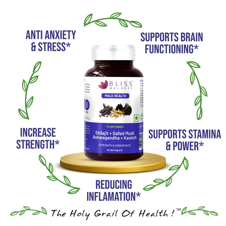 Bliss Welness JoshBliss Gold Stamina Energy Boost | Pure Shilajit Ashwagandha Kaunch Safed Musli Akharkhara Extract with BioPiperine | Improves Endurance Vitality | Men Health Supplement - 60 Vegetarian Tablets - Bliss Welness