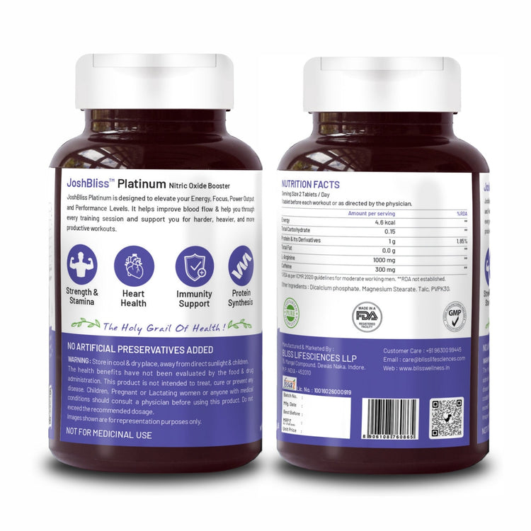Bliss Welness JoshBliss Platinum Stamina Recovery Muscle Growth | L - Arginine Nitric Oxide & Caffeine 1300mg | Energy Gain Performance Pre & Post Workout Health Supplement - 60 Vegetarian Tablets - Bliss Welness