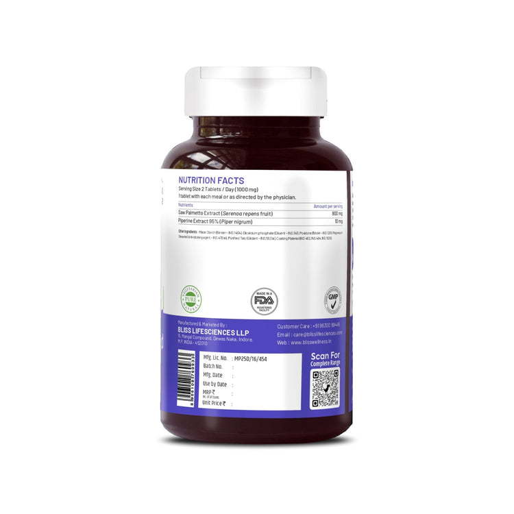 Bliss Welness JoshBliss Plus Prostate Health Healthy Hair Growth | Saw Palmetto Extract 800MG | Testosterone Booster Strong Hair Healthy Prostate Health Supplement - 60 Vegetarian Tablets - Bliss Welness