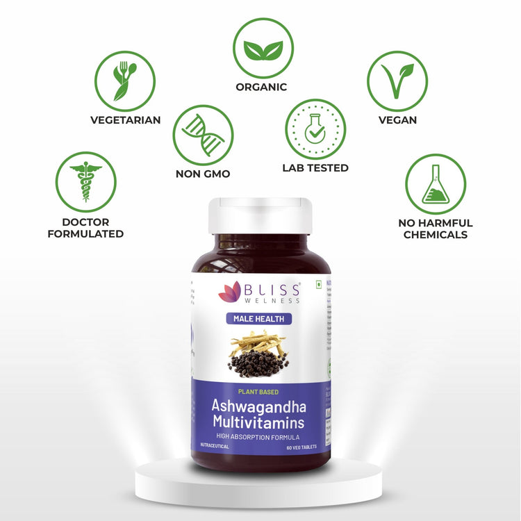 Bliss Welness JoshBliss Vital Pure Strength Vitality Stress Relief | Pure Ashwagandha Extract 1000MG + Multivitamins | Mind & Body Anti Anxiety Health Supplement - 60 Vegetarian Tablets - Bliss Welness