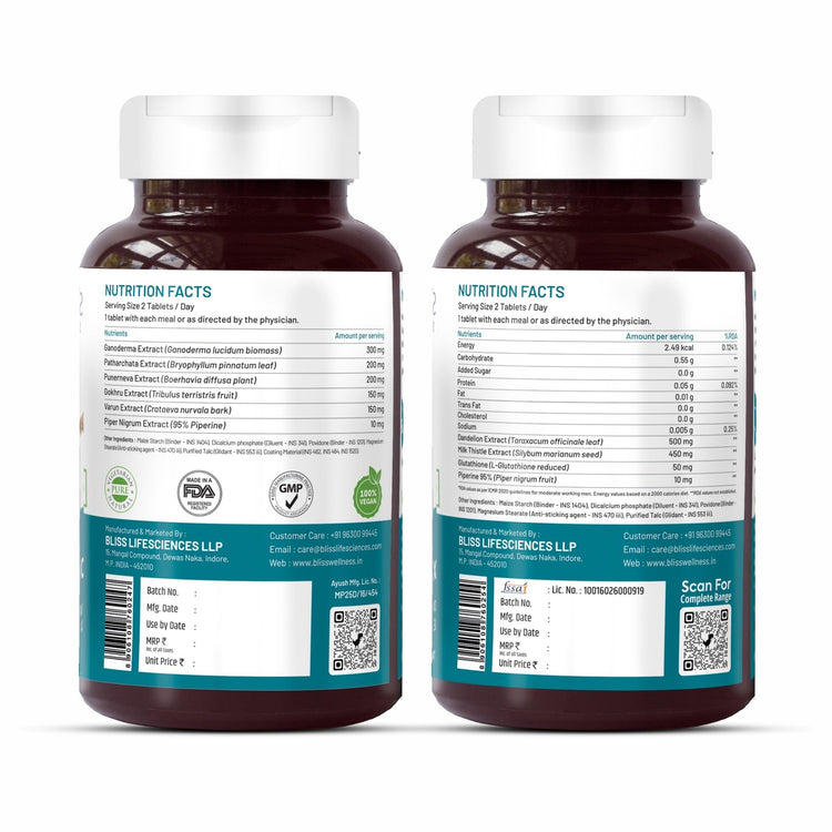 Bliss Welness Kidney DetoxBliss Cleanse Purifier | Gokhru Patharchata Ganoderma + Liver Detox Cleanse Purifier | Milk Thistle Silymarin Dandelion Glutathione - 60+60 Veg Tablets - Bliss Welness