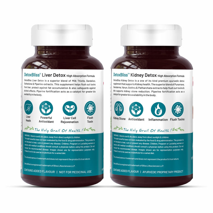 Bliss Welness Kidney DetoxBliss Cleanse Purifier | Gokhru Patharchata Ganoderma + Liver Detox Cleanse Purifier | Milk Thistle Silymarin Dandelion Glutathione - 60+60 Veg Tablets - Bliss Welness