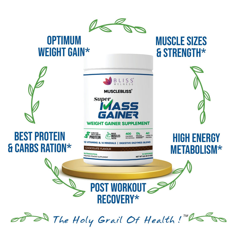 Bliss Welness Musclebliss Mass Gainer & Weight Gainer Supplement | Essential Vitamin and Minerals With High Protein and Calories Weight Gainer Supplement - 1 kg (Chocolate Flavour ) - Bliss Welness