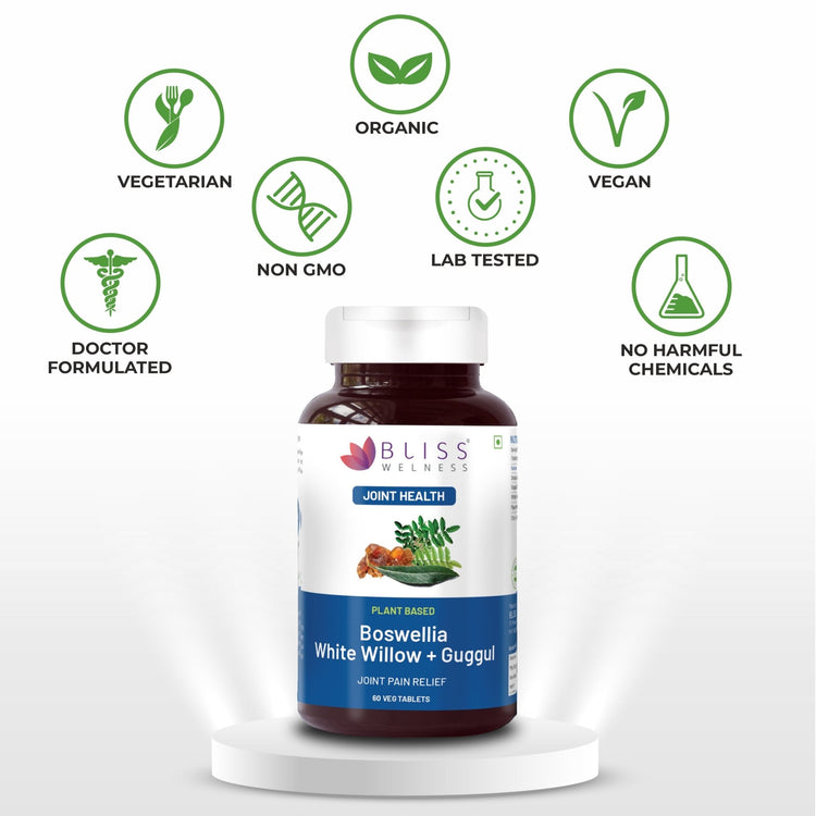 Bliss Welness OrthoBliss Gold High Absorption Joint Care Pain Relief | Boswellia White Willow Bark Guggul & Piperine | Anti - Inflammatory Gout Arthritic Spondylitis Care - 60 Vegetarian Tablets - Bliss Welness