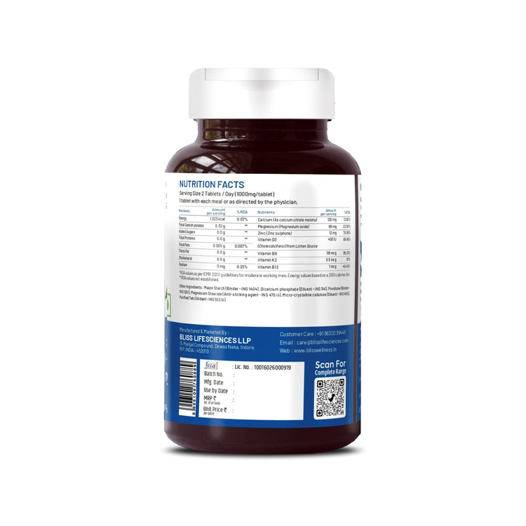 Bliss Welness OrthoBliss Joint care Pain relief tablets | Calcium Magnesium Zinc Vitamin D3 K2 B12 Folic Acid | Bone Strengthening Ayurvedic Health Supplement - 120 Vegetarian Tablets - Bliss Welness