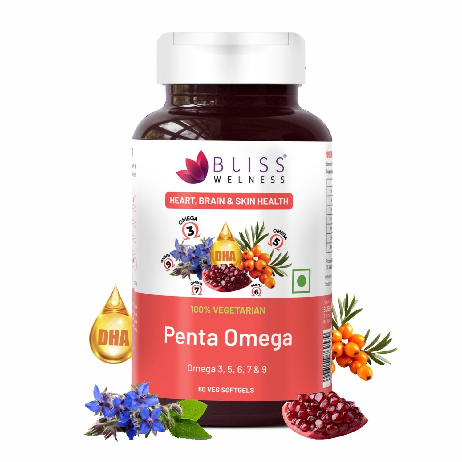 Bliss Welness Penta Omega | 3 5 6 7 9 Fatty Acids Blend with Natural Antioxidants | Advanced Formula for Heart, Brain, Skin, Joints & Metabolism | 60 Softgels | Vegetarian Source - Bliss Welness