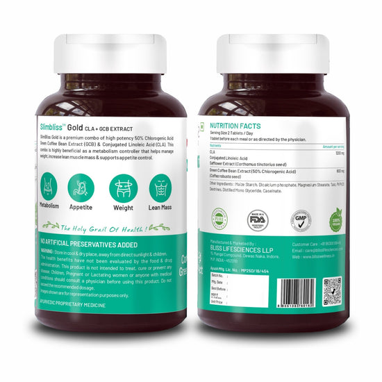 Bliss Welness SlimBliss Gold CLA+ GCB Extract Weight Management Muscle Build | 50%(Green Coffee Bean Extract + CLA | Metabolism Appetite Control | Lean Muscle Health Supplement - 60 Veg Tablets - Bliss Welness