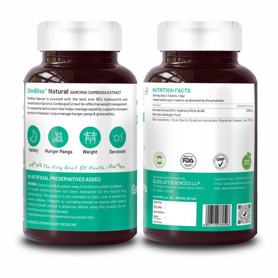Bliss Welness SlimBliss Natural Garcinia Cambogia Extract Weight Management | Garcinia Cambogia Extract 60% | High Potency Antioxidant Supplement - 60 Vegetarian Tablets - Bliss Welness