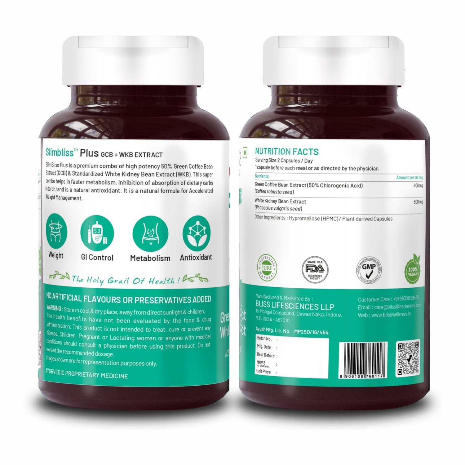 Bliss Welness SlimBliss Plus GCB + WKB Extract Weight Management Carb Control | Green Coffee Bean Extract 50% + White Kidney Bean Extract | Carbohydrate Blocker Supplement - 60 Vegetarian Capsules - Bliss Welness