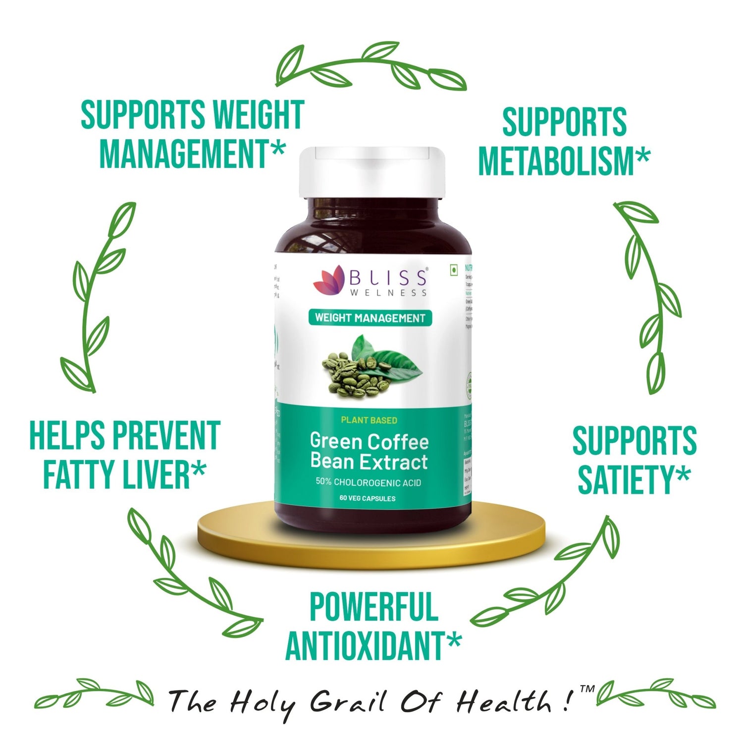 Bliss Welness SlimBliss Pure Weight Management Appetite Control | Green Coffee Bean Extract 50% | Fatty Liver Care Enhance Metabolism Strong Antioxidant Natural Supplement - 60 Vegetarian Capsules - Bliss Welness