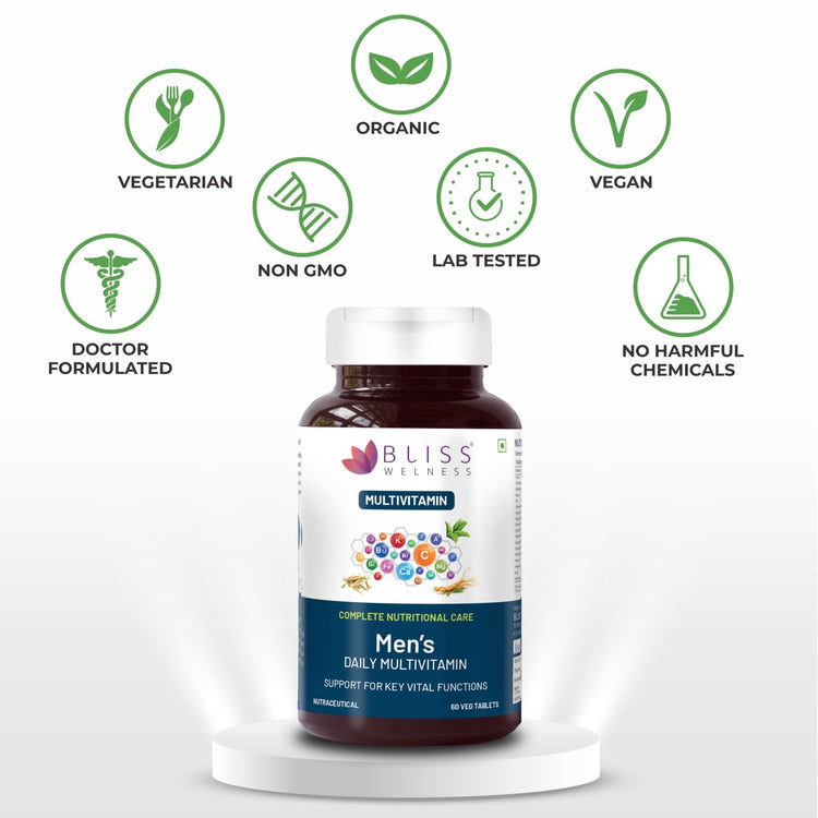 Bliss Welness VitaBliss Men’s Daily Multivitamins & Herbs For Men| With Vitamin A C D E K B | Supports Prostate, Bone, Heart & Mental Health, Maintains Vitality & Male Health - 60 Veg Tablets - Bliss Welness