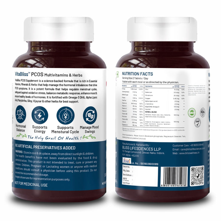 Bliss Welness VitaBliss PCOS Multivitamin & Herbs for Women | With Vitamin A C D E B | Menstruation Regulation,Manages Mood & Hormonal Health - 60 Veg Tablets - Bliss Welness