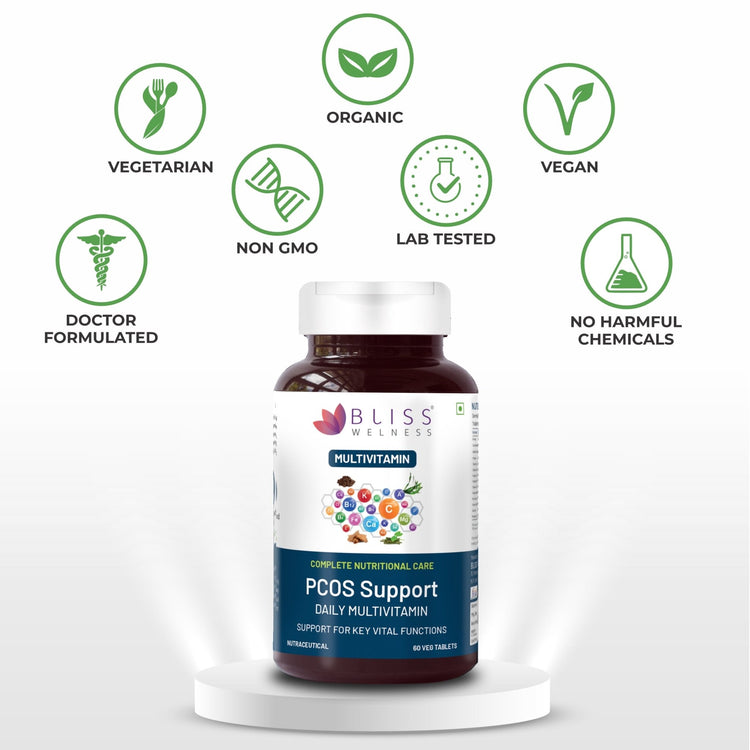 Bliss Welness VitaBliss PCOS Multivitamin & Herbs for Women | With Vitamin A C D E B | Menstruation Regulation,Manages Mood & Hormonal Health - 60 Veg Tablets - Bliss Welness