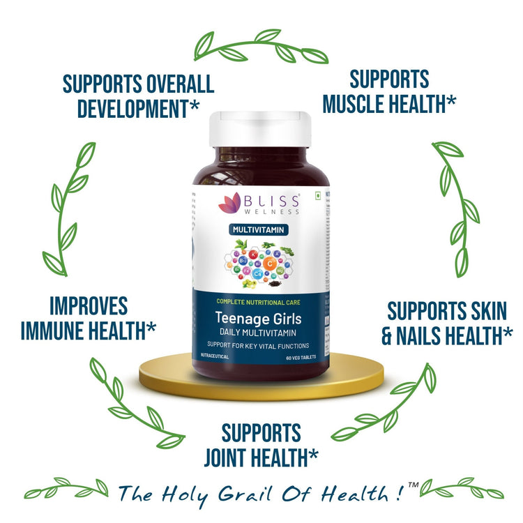 Bliss Welness VitaBliss Teenage Girls Daily Multivitamins & Herbs| With Vitamin A C D E K B,| Supports Better Immune System, Hair, Skin & Nails - 60 Veg Tablets - Bliss Welness