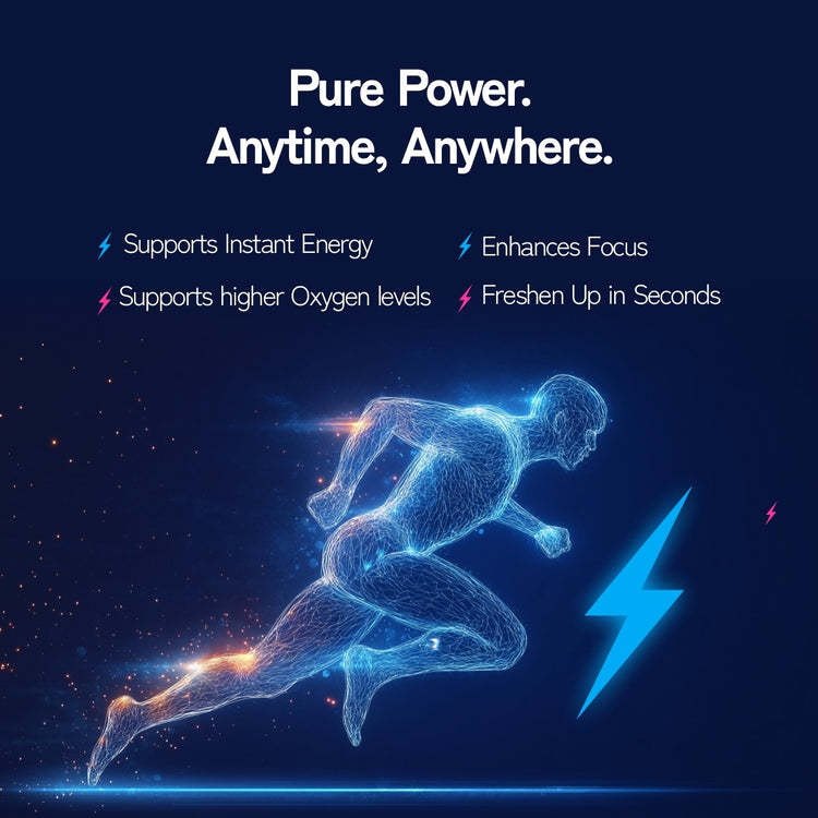 Blue wireframe runner with energy effects on a dark blue background, featuring text about product benefits.