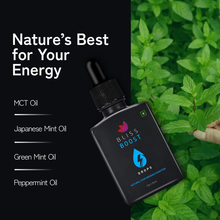Bliss Boost bottle with mint leaves on a black and green background