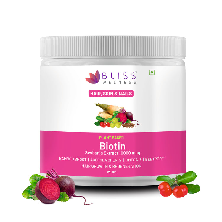 A container of Bliss Welness Beautybliss Biotin Powder with images of biotin-rich foods like pomegranate, lemon, tamarind, and beetroot around it.