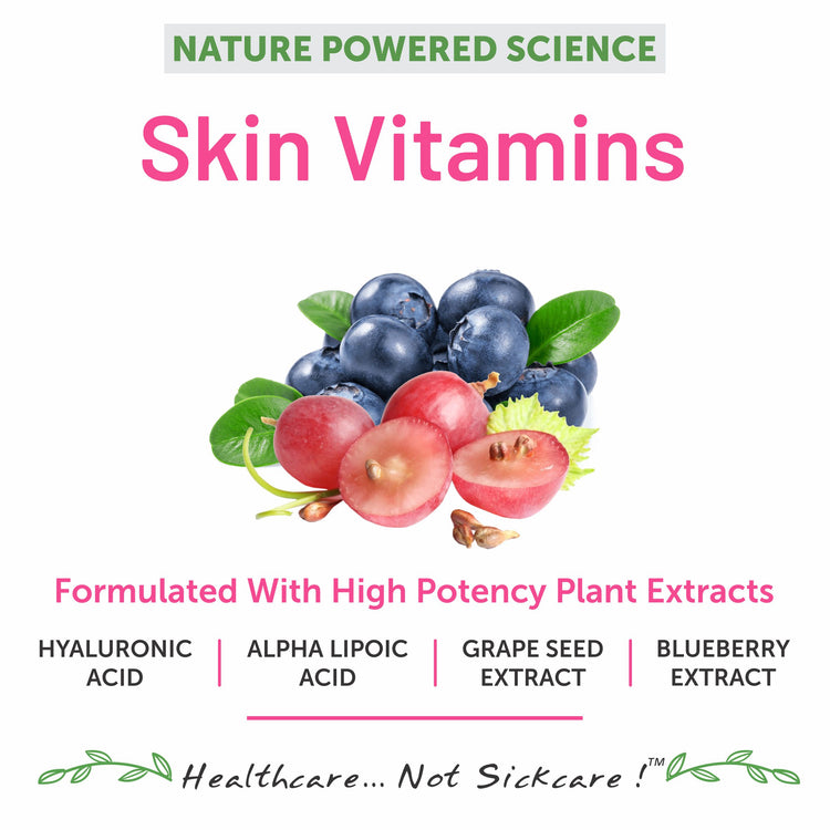 Hyaluronic Acid Alpha Lipoic Acid Grapeseed BlueBerry Extact Multivitamins Capsule Tablets Skin Face Oil Growth Moisturizer Gel Organic Plant Supplement Acne Dark Spots Reduction Blemish Shine Glow Radiate Hydrate Beauty Vegetarian Women