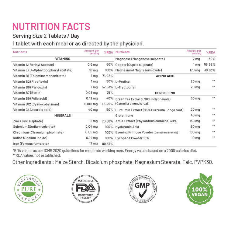 Bliss Welness BeautyBliss Hair Skin & Nail Vitamin | Hyaluronic Acid + Glutathione + Biotin + Curcumin + Multivitamins | For Stronger Hair Growth, Healthier Nails & Supple Skin | Vegetarian Supplement – 60 Veg Tablets - Bliss Welness