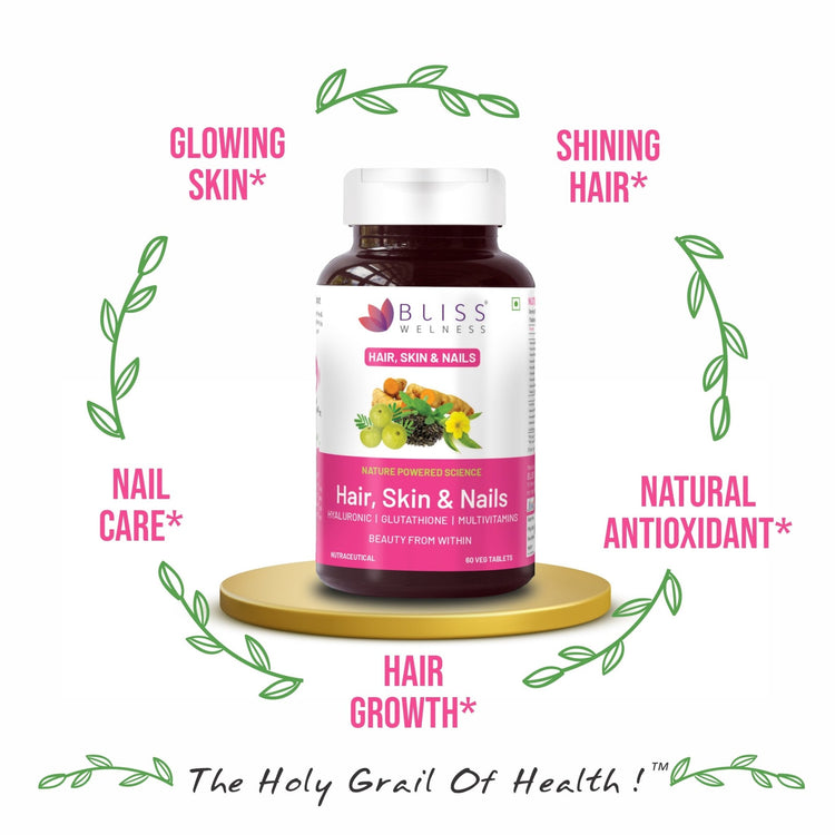 Bliss Welness BeautyBliss Hair Skin & Nail Vitamin | Hyaluronic Acid + Glutathione + Biotin + Curcumin + Multivitamins | For Stronger Hair Growth, Healthier Nails & Supple Skin | Vegetarian Supplement – 60 Veg Tablets - Bliss Welness