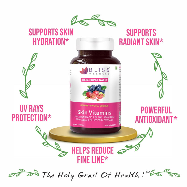 Bliss Welness BeautyBliss Skin Vitamins | Hyaluronic Acid + Alpha Lipoic Acid + Grapeseed + BlueBerry Extract | For Glowing, Radiant, Hydrated & Supple Skin | Vegetarian Supplement – 60 Veg Tablets - Bliss Welness